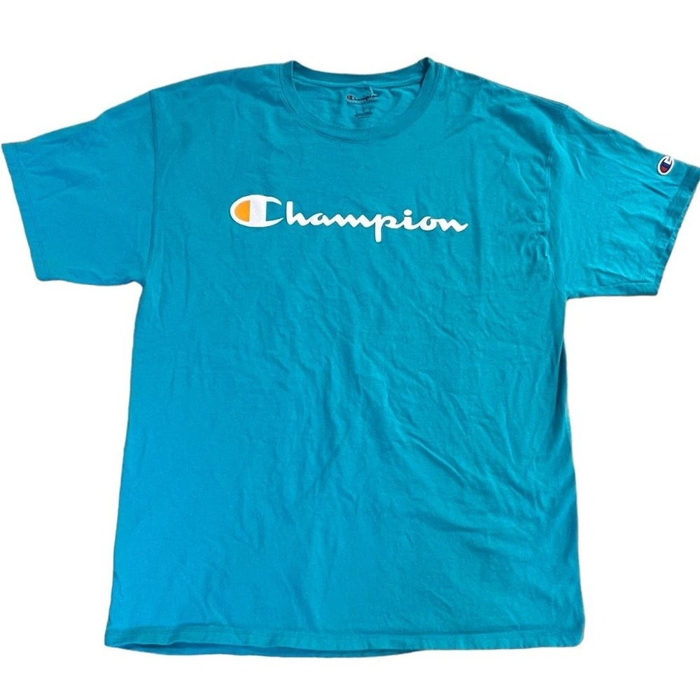 Champion T-Shirt Kids Large Teal Blue Script Logo Short Sleeve Sporty Streetwear